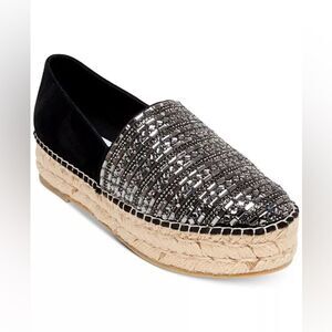 STEVE MADDEN Proud Black Silver Embellished Leather Platform Espadrilles shoe 10